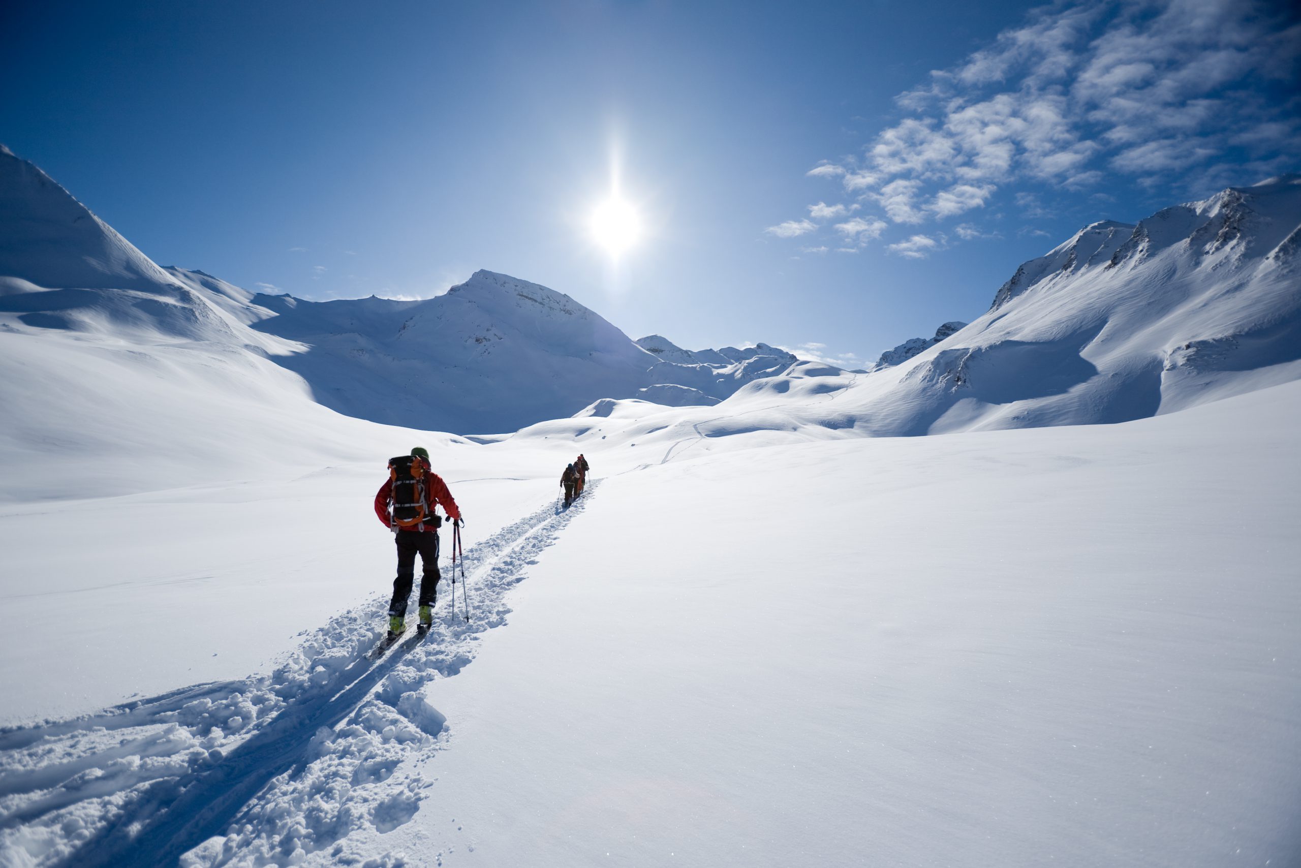 ski touring, ski mountaineering people on its way in the Austrian/Swiss Alps