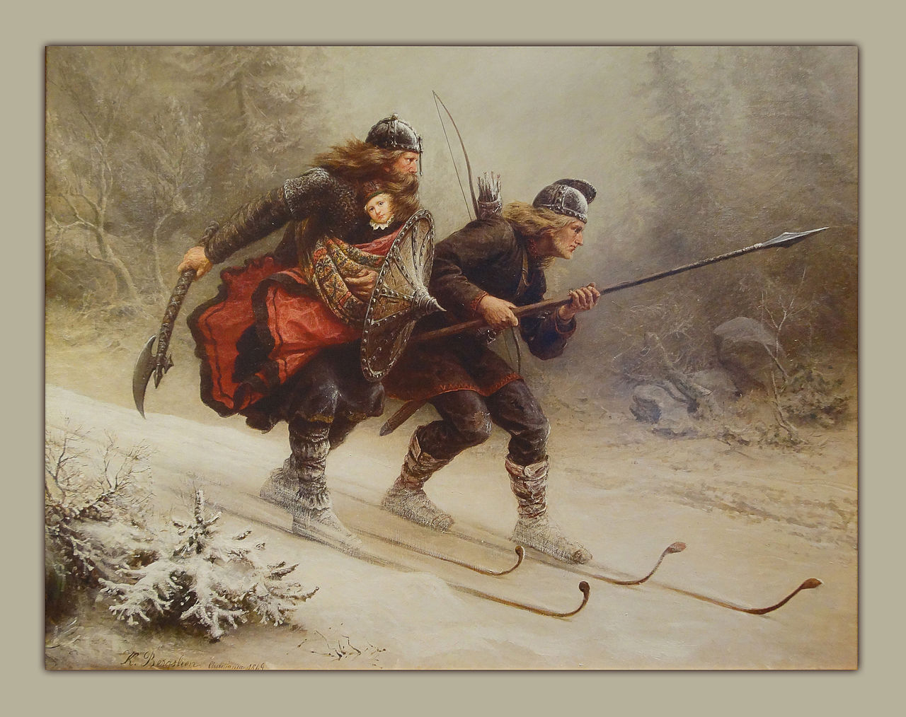 Painting of Birkebeiner skiers carrying Prince Haakon of Norway to safety