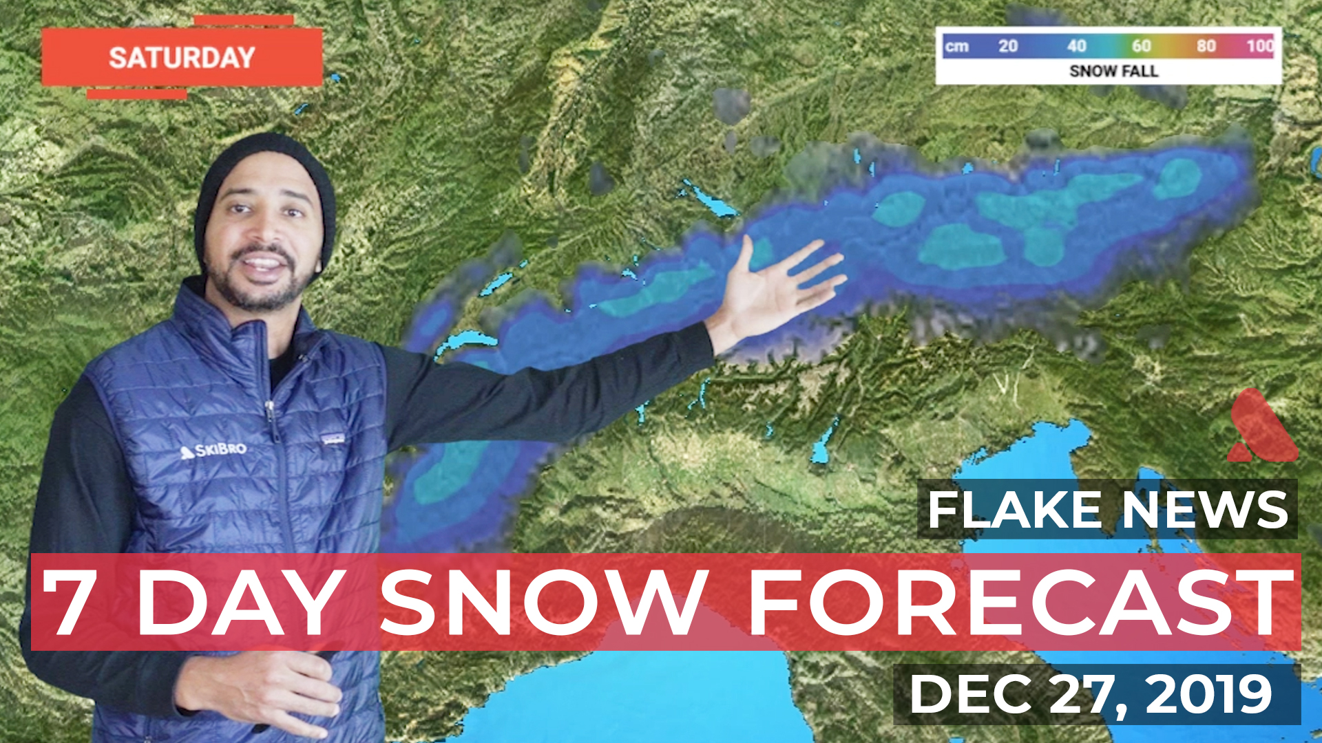 Snow forecast weatherman in front of map of the Alps