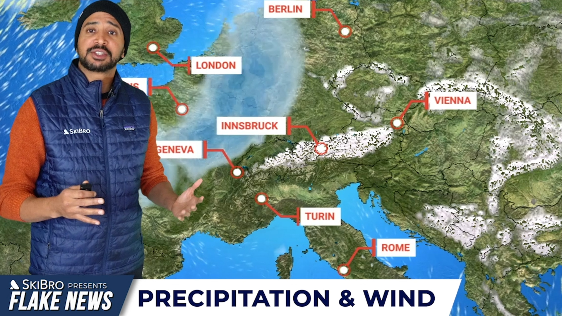 Man stands in front of snow and weather forecast map